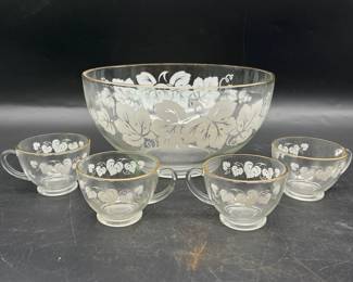 Anchor Hocking 10” Maple Leaf Punch Bowl & (4) Cups
