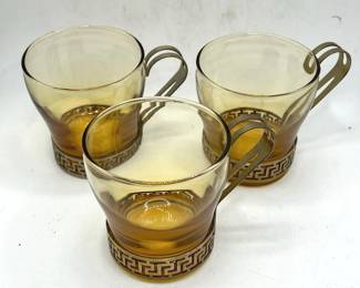 (3) MCM Amber & Metalwork Libbey Continental Coffee Cups
