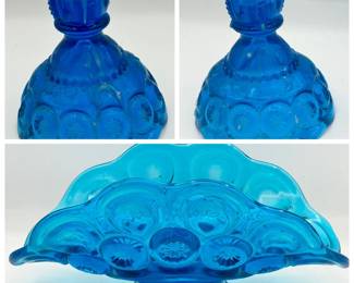 1970s LE Smith Moon And Star Blue Fruit Boat & (2) Candlestick Holders
