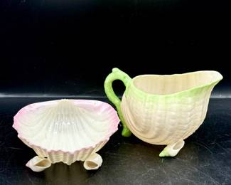 (2) Antique 1891-1926 Belleek Black Mark Neptune Seashell Dishes
