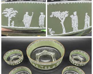 Jeannette Hellenic Jasper Green Glass 9” Salad Bowl & (4) Bowls
