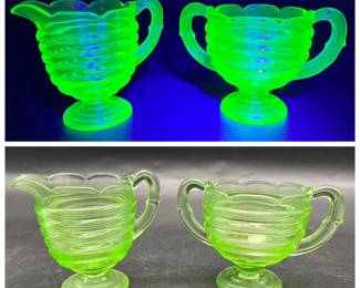 Set of (2) Uranium Glass Sugar & Creamer Glowing Green in 395nm Ultraviolet Light
