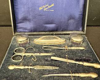 English silver mounted manicure set