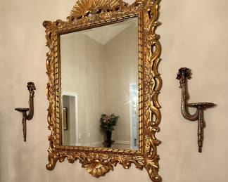 Hollywood Regency French Ornate gold gilt mirror