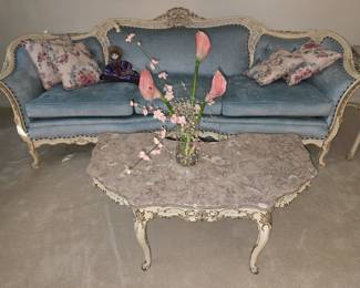 French Provincial Couch and Marble Top Cocktail Table 