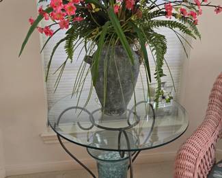 Glass Top Iron Base Round Side Table - Artificial Flower Arrangement 
