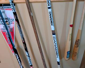 signed hockey sticks - Blackhawks championship signed Hull stick, signed baseball bat - Ernie Banks