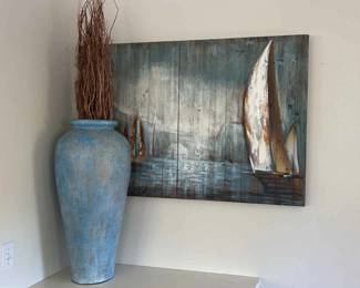 Large Ceramic Vase and Wood Wall Art