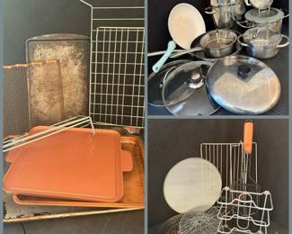 Pots and Pans with Racks Strainers Drainers and Baking Sheets