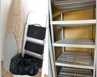 Plastic Storage Sheving with Step Ladder and Ironing Boards