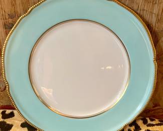 Set of 12 large dinner plates circa 1930 in turquoise with gold…stunning.