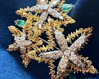 Massive emerald and diamond starfish brooch
