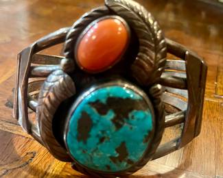 Antique sterling Navajo turquoise and coral cuff