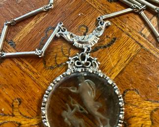 Beautiful  Vintage Smoky Glass Venus and Cupid  Intaglio Necklace