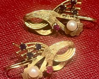Large 1940s 14k gold and gemstone earrings