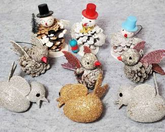 9 Vintage Pinecone and Glitter Craft Snowman and Bird Ornaments