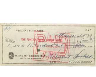 Rare 1964 Vince Lombardi Signed Check Green Bay Packers Auto HOF Becket Authentic