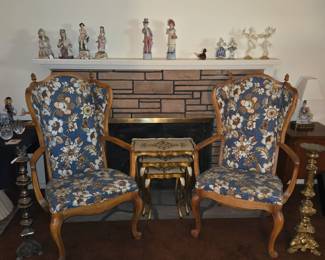 Beautiful upholstered wing back arm chairs & Italian nesting tables
