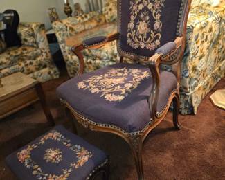 Antique needle point chair & footstool 