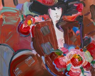 Peter Max (New York / Germany, b. 1937), lady in red dress holding bouquet of flowers, oil on canvas
sight: 48 x 36 in., frame: 60 x 48 in.