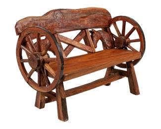 Rustic Wagon Wheel Bench with horse carvings