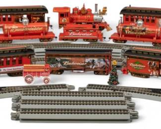 Collection of Hawthorne Village train models with Budwieser Beer theme, includes Bud Tanker Car, King of Beers Boxcar
