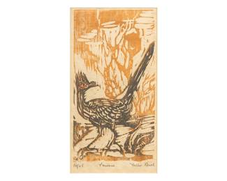 Nellie V. Buel (Amer., 1908-2002), "Paisano", Texas roadrunner woodcut signed, numbered, and titled by the artist, ed. 16/25