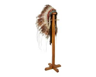 Lakota Sioux doubletrailer war bonnet, featuring natural materials