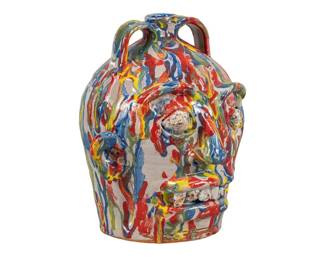 Marvin Bailey 20th century, America, stoneware face jug with polychrome drip glaze, signed