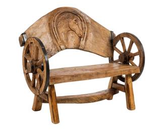 Rustic Wagon Wheel and Horse Bench