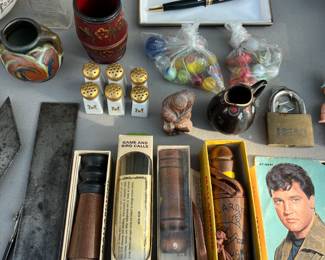 Mont Blanc pen with case; pottery from Holland; duck calls; vintage marbles.
