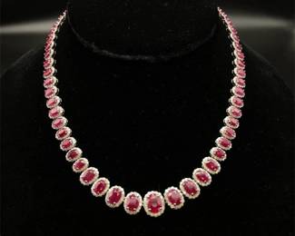 NEW! GIA Certified 46.71 Carat Rare Burmese Ruby & Natural Diamond Tennis Necklace in Platinum w/ GIA Report