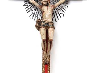 Lot 1 Enormous Spanish Colonial Wood Crucifix, 18th c.