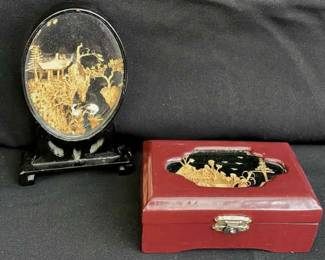 Mid Century Vintage Carved Cork Asian Diorama * Trinket Box

