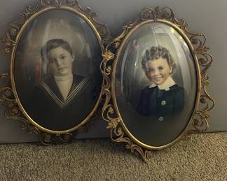 Large Ornate Metal Curved Glass Framed Antique Photographs
