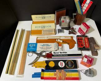Vintage Office Supplies * 2 KOH-I-NOOR Metal Pencil Boxes * Various Pencils & Rulers * 2 K&E Rulers
