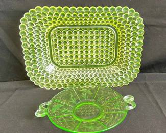 Vaseline Glass Rectangle Dish * Fish Design Handle Plate
