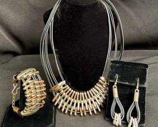 Modern Design Metallics * Cords Necklace * Bracelet * Pierced Earrings Set
