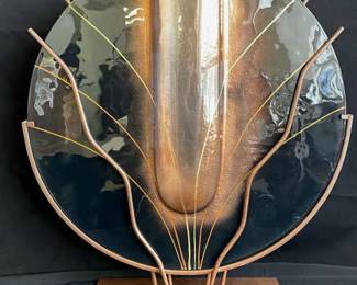 Circular Art Glass Sculpture * Bronze Tone Metal * Smoky Glass
