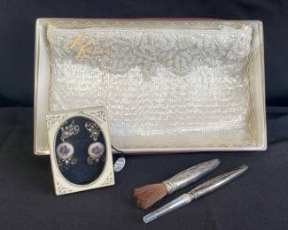 La Regale Pearly White Beaded Evening Bag * Victorian Style Earrings * Makeup Brushes
