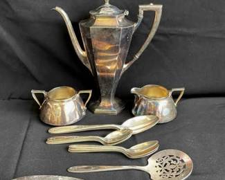 Art Deco Silverplate Teapot * Forbes Silverplate Sugar/Creamer * Vintage Silverplate Utensils
