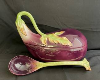 Fitz and Floyd 3.5 Quart Ceramic Eggplant Design Serving Dish * Ladle
