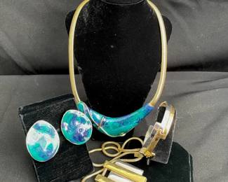 Blue Green Swirl Enamel Necklace * Earrings Set * Avon Silver/Gold Tone Jewelry Set
