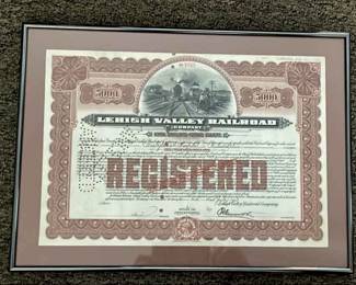 Lehigh Valley Railroad Framed Gold Bond Certificate 1923
