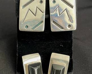 Mexico 925 Sterling Silver Clip On Earrings * Black Stone Inset
