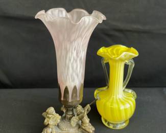 Decorative Pink Fluted Glass Dresser Light * Yellow Handblown Striped Small Vase
