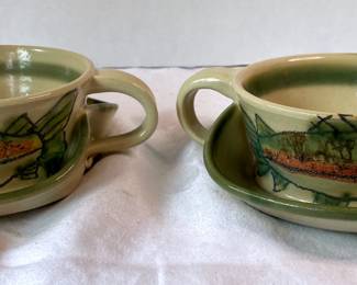 (2) Handcrafted Bowl & Plate Combo With Fish Design
