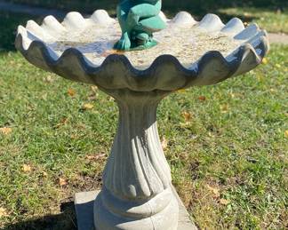Cement birdbath & garden frog