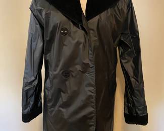 Black vinyl raincoat with velveteen collar