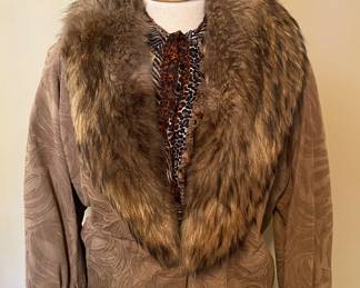 Tan faux suede with faux fur collar